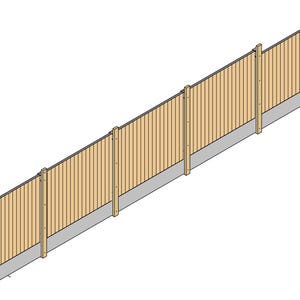 May include: A wooden fence section featuring vertical light brown slats arranged in panels between upright posts. The base of the fence is lined with a solid gray concrete gravel board that runs horizontally along the bottom of the structure.