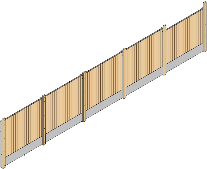 May include: A wooden fence section featuring vertical light brown slats arranged in panels between upright posts. The base of the fence is lined with a solid gray concrete gravel board that runs horizontally along the bottom of the structure.