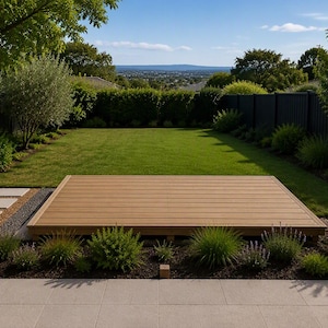 May include: A rectangular light brown composite deck platform sits in the center of a green lawn. The deck features horizontal planks and is surrounded by a landscaped garden with small shrubs, a dark fence, and a view of a distant valley.