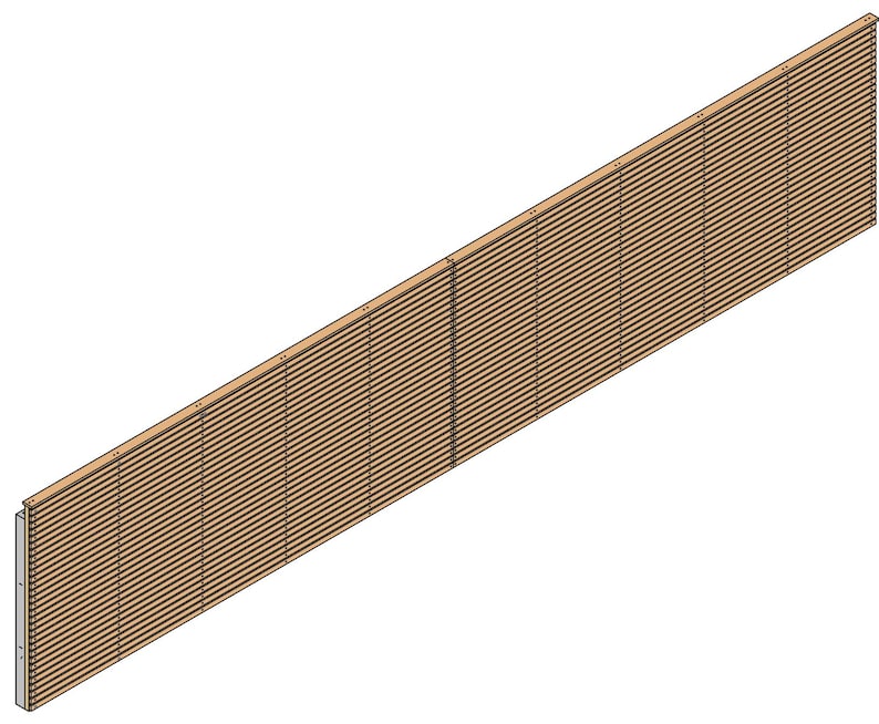 May include: A long, rectangular wooden wall panel featuring a series of horizontal slats arranged in a uniform, repeating pattern. The light brown wood grain is visible across the surface, which is framed by a solid wooden border on all sides.