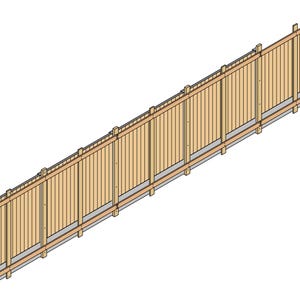 May include: A long wooden fence section featuring vertical light brown slats arranged side by side. The structure is reinforced with horizontal support beams and vertical posts at regular intervals, creating a repeating panel design.