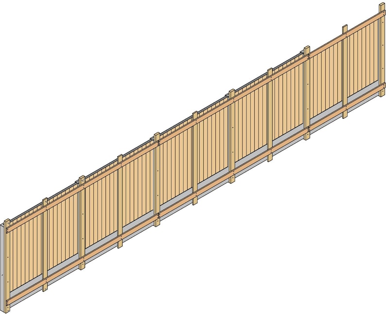 May include: A long wooden fence section featuring vertical light brown slats arranged side by side. The structure is reinforced with horizontal support beams and vertical posts at regular intervals, creating a repeating panel design.