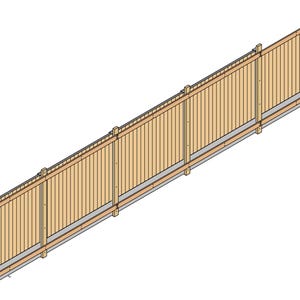 May include: A light brown wooden fence section featuring vertical slats arranged side by side. The structure is reinforced with horizontal support beams and vertical posts at regular intervals, creating a continuous panel design with a natural wood grain finish.