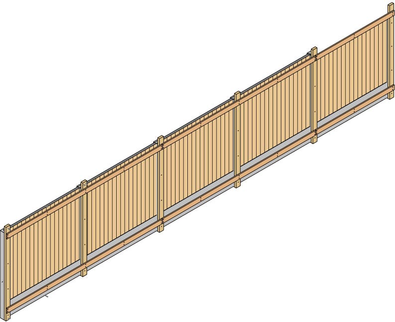 May include: A light brown wooden fence section featuring vertical slats arranged side by side. The structure is reinforced with horizontal support beams and vertical posts at regular intervals, creating a continuous panel design with a natural wood grain finish.