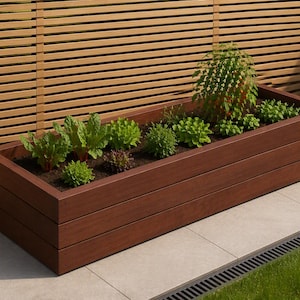 May include: A rectangular raised garden bed constructed from dark brown horizontal wooden planks. The planter is filled with dark soil and contains various green leafy plants, including small shrubs and herbs, arranged in a row inside the frame.