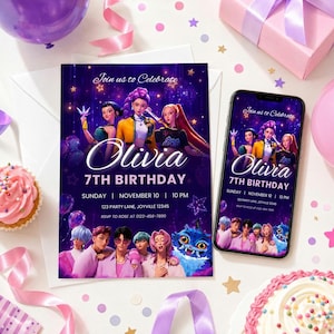 May include: A rectangular party invitation and a smartphone displaying the same digital invitation. The design features a dark purple background with a group of animated characters, the text "Join us to Celebrate", "Olivia", "7TH BIRTHDAY", and event details.