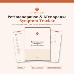 Puede incluir: Un diario de seguimiento de síntomas de perimenopausia y menopausia en tonos crema y terracota. La portada muestra el logo de Emberly & Co, el título y subtítulo. Dos páginas interiores muestran diseños de seguimiento de síntomas.