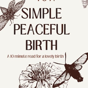 Könnte beinhalten: Ein Buchcover mit dunkelbraunem Text, der MY JOURNEY TO A SIMPLE PEACEFUL BIRTH und A 10 minute read for a lovely birth lautet. Das Design zeigt dunkelbraune Strichzeichnungen eines Nachtfalters, einer Blume und einer Puppe auf cremefarbenem Grund.