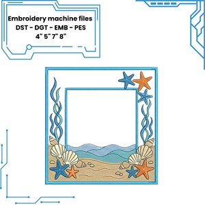 May include: Embroidery machine files in DST, DGT, EMB, and PES formats for a square frame design featuring a beach theme with seashells, starfish, and seaweed. The design includes sizes 4, 5, 7, and 8 inches for digital embroidery projects.