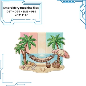 May include: Embroidery machine files in DST, DGT, EMB, and PES formats for 4, 5, 7, and 8 inch sizes. The design features a beach scene with two palm trees, a hammock, a pink and white umbrella, a picnic basket, a hat, and seashells on sand.