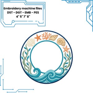 Ocean Wave Seashell Embroidery Design, Coastal Circle Machine File (Digital Download)