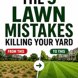 Puede incluir: Una guía digital titulada Lawn Logic The 5 Lawn Mistakes Killing Your Yard. El gráfico presenta una comparación de pantalla dividida que muestra un césped escaso y marrón etiquetado From This y un césped verde y rayado To This.