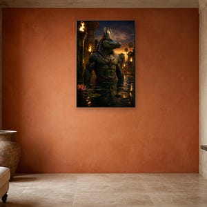 Könnte beinhalten: Ein rechteckiger Wandkunstdruck mit einer dunklen, atmosphärischen Szene einer Gottheit mit Krokodilkopf, die im Wasser steht. Die Figur trägt goldenen Schmuck und einen Kopfschmuck im ägyptischen Stil, umgeben von leuchtenden Fackeln.