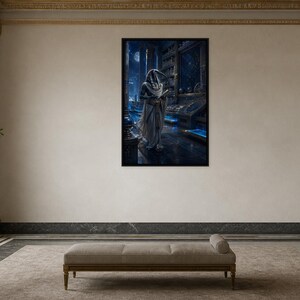 May include: A framed vertical wall art print featuring a dark, atmospheric scene of an anthropomorphic figure with an ibis head, dressed in white robes, standing in a library filled with glowing blue light, celestial elements, and tall bookshelves.