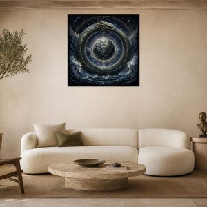 Puede incluir: Una impresión de arte mural cuadrada con una ilustración oscura y detallada de una serpiente enroscada en círculo alrededor de un planeta brillante. La obra muestra azules profundos, negros y acentos dorados, con nubes cósmicas arremolinadas.