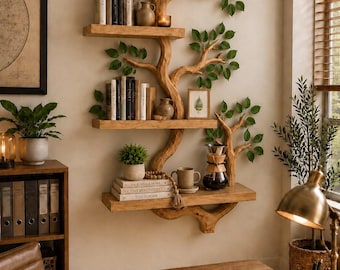 Prateleira rústica em forma de árvore, Prateleira de parede em forma de galho de árvore, Prateleira de parede com tema de árvore da natureza, Estante de livros em forma de galho