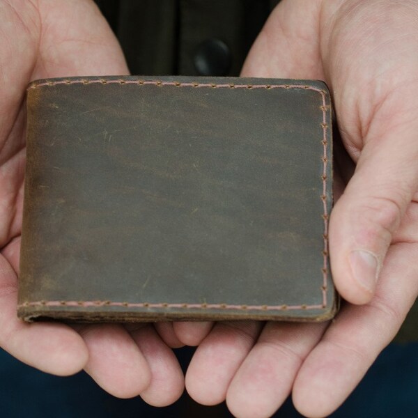 Men's Leather Bifold Wallet, Distressed Brown Leather Wallet
