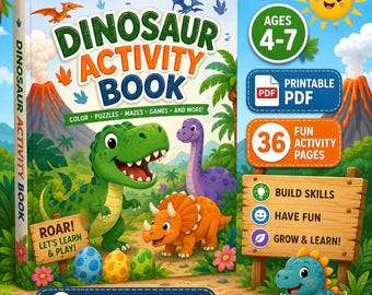 Dinosaur Activity Book for Kids Ages 4-7 | Printable PDF | Coloring, Mazes, Tracing & Counting Worksheets