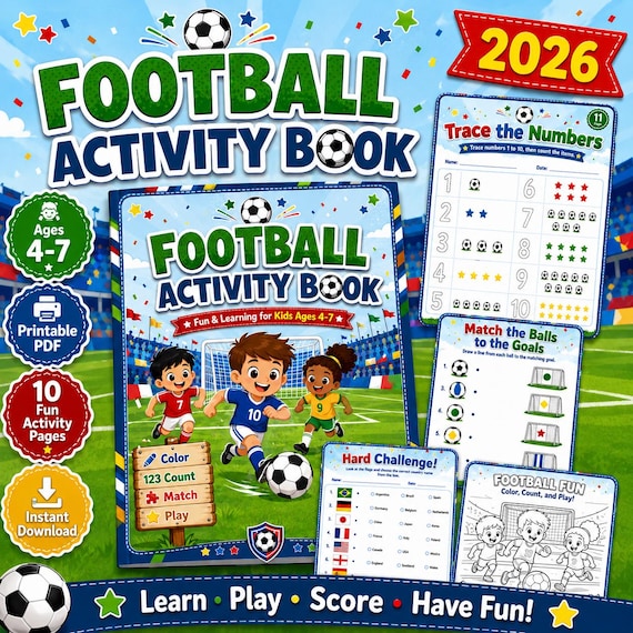 Soccer Activity Book for Kids Ages 4-7, Printable Football Workbook, Coloring Pages, Mazes, Tracing, Counting, Preschool PDF
