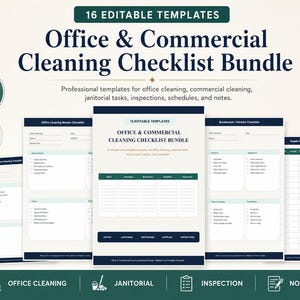 Könnte beinhalten: Ein digitales Paket mit 16 bearbeitbaren Vorlagen für Büro- und Gewerbereinigungs-Checklisten. Die Dokumente verfügen über dunkelblaue Kopfzeilen, weiße Hintergründe und organisierte Abschnitte für Reinigungsaufgaben, Inspektionen und Zeitpläne.