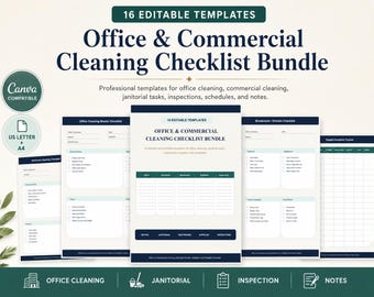 Office & Commercial Cleaning Checklist Bundle, Editable Canva Janitorial Cleaning Templates