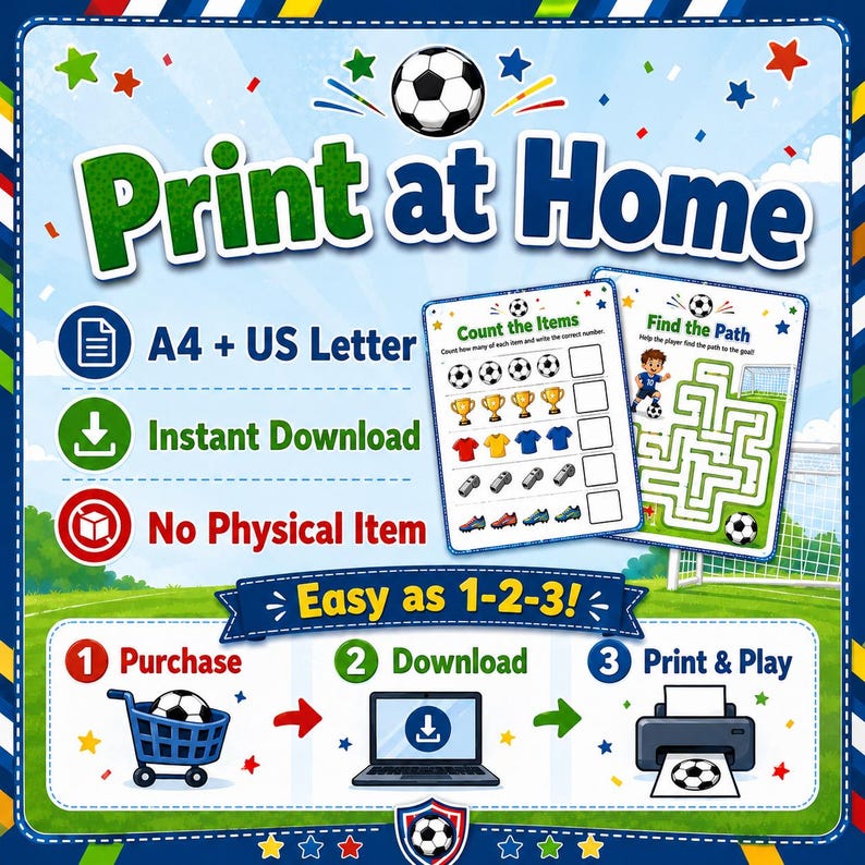 Soccer Activity Book for Kids Ages 4-7, Printable Football Workbook, Coloring Pages, Mazes, Tracing, Counting, Preschool PDF image 3