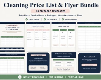Cleaning Price List & Flyer Bundle, Editable Canva Cleaning Service Price List Templates