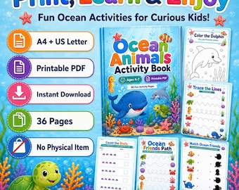 Ocean Animals Activity Book for Kids Ages 4-7, Printable PDF, Sea Animals Coloring Pages, Preschool Workbook