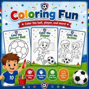 May include: A digital coloring book cover titled Coloring Fun featuring three pages to color: a soccer ball, a soccer player, and two players in action. A cartoon child in a blue jersey holds a red crayon, with four circular icons below.