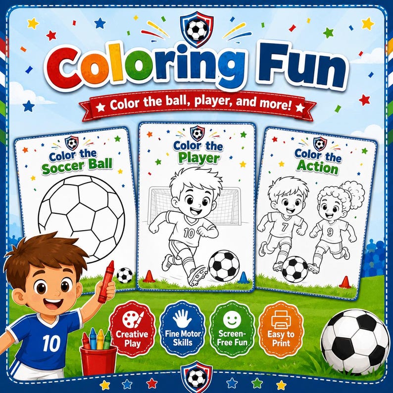 May include: A digital coloring book cover titled Coloring Fun featuring three pages to color: a soccer ball, a soccer player, and two players in action. A cartoon child in a blue jersey holds a red crayon, with four circular icons below.