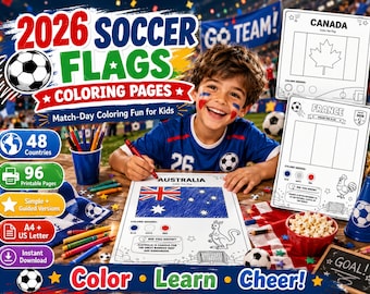 World Cup 2026 Soccer Flag Coloring Pages, 48 Qualified Teams Printable PDF, Kids Football Activity, A4 US Lette