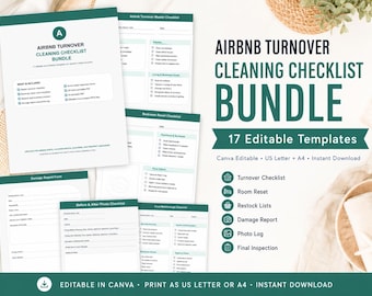 Airbnb Turnover Cleaning Checklist Bundle, Editable Canva Vacation Rental Cleaning Templates