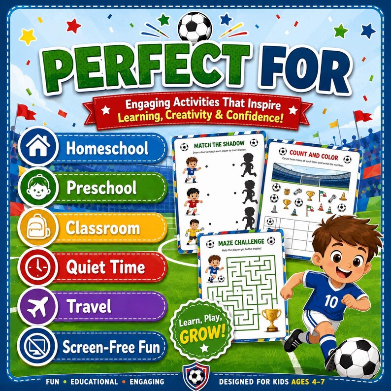 Soccer Activity Book for Kids Ages 4-7, Printable Football Workbook, Coloring Pages, Mazes, Tracing, Counting, Preschool PDF image 9