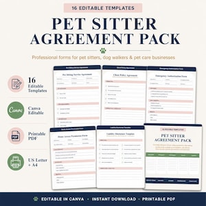 Pet Sitter Agreement Pack, Editable Canva Pet Sitting Contract Templates