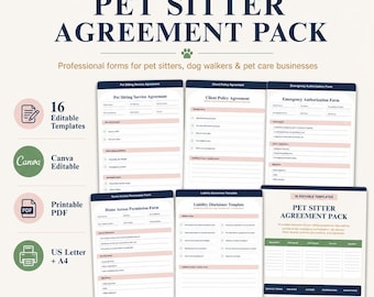 Pet Sitter Agreement Pack, Editable Canva Pet Sitting Contract Templates