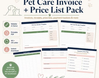 Pet Care Invoice & Price List Pack, Editable Canva Pet Sitting Invoice Templates