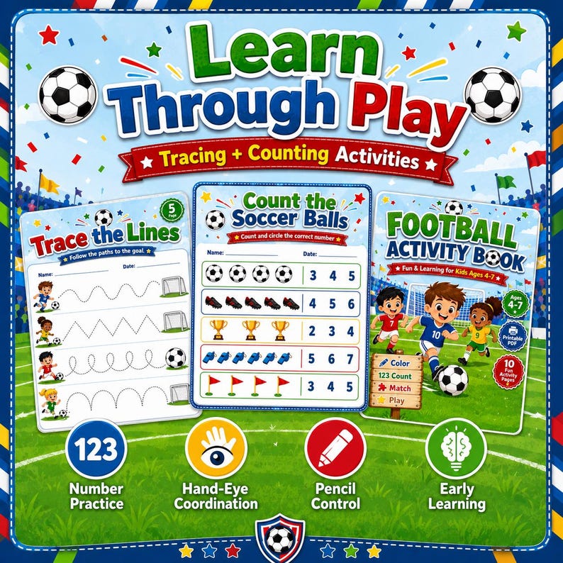 May include: A Learn Through Play activity book set featuring soccer-themed worksheets for tracing lines and counting objects. The cover displays illustrations of children playing soccer, soccer balls, trophies, and whistles with text including Learn Through Play.