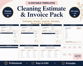 Cleaning Estimate & Invoice Pack, Editable Canva Cleaning Invoice, Quote, Receipt, Price List, Payment Tracker