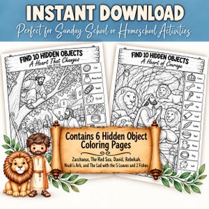 May include: Two black and white coloring pages titled Find 10 Hidden Objects, featuring biblical scenes with lists of items to locate. A central scroll graphic lists six themes, accompanied by a cartoon illustration of a person and a lion.