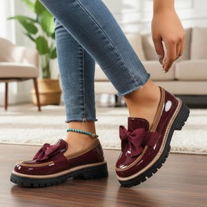 Burgundy Patent Leather Loafers, Platform Bow Shoes for Women, Chunky Sole Slip On Flats, Vintage Style Burgundy Shoes, Gift for Her