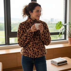 Peut inclure: Un pull à manches longues et col montant avec un motif léopard marron et noir, fabriqué dans une matière texturée et duveteuse. Le pull présente une fermeture éclair au niveau du col et est porté avec un jean en denim bleu foncé.
