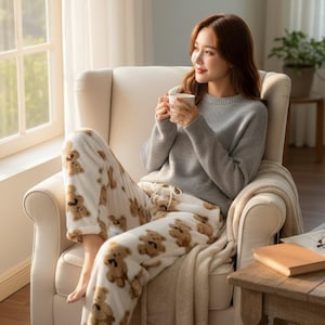Könnte beinhalten: Ein grauer, langärmeliger Strickpullover kombiniert mit einer weißen Fleece-Pyjamahose mit einem sich wiederholenden braunen Teddybärenmuster. Die Hose hat einen verstellbaren Kordelzug in der Taille und eine weiche Textur, getragen in einem cremefarbenen Sessel.