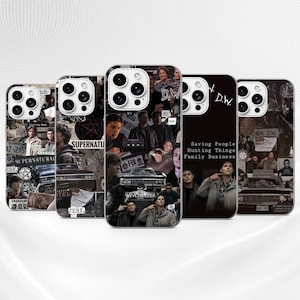 May include: Five smartphone cases featuring a collage of images from the television show Supernatural, including characters, a black car, and text such as Saving People Hunting Things Family Business, Jerk, and Winchester, with camera cutouts.