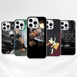 May include: Five smartphone cases featuring anime-style illustrations of a character with dark hair. Designs include a starry night scene, a forest picnic, a skeleton companion, a close-up portrait, and text reading You have no power over me.