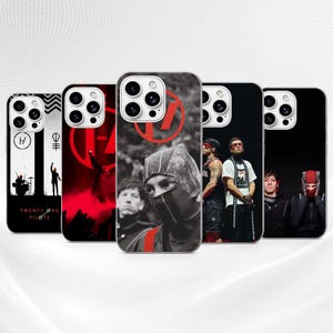 May include: Five smartphone cases featuring Twenty One Pilots imagery. Designs include a silhouette concert scene with text, a red logo over a crowd, a close-up of a person in a balaclava, two band members standing, and two band members posing.