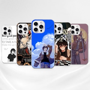 May include: Five smartphone cases featuring anime-style illustrations of a character with dark hair. Designs include text, a blue sky background, a game card aesthetic, a checkered pattern, and a character holding a sword against a purple backdrop.