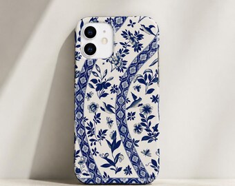 Blue Vintage Floral iPhone Case | Botanical Birds Glossy Phone Cover