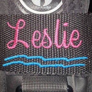 May include: A black scuba diving buoyancy compensator strap featuring the embroidered name Leslie in pink cursive thread above two horizontal wavy blue lines. A circular logo with a white letter S is visible at the top, and a black D-ring is below.
