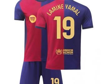 Lamine Yamal #19 Barcelona Zestaw domowy dla dzieci – pełny strój piłkarski z koszulką i spodenkami