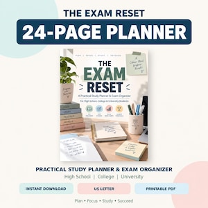 Peut inclure: Un planificateur d'études et organisateur d'examens de 24 pages intitulé The Exam Reset. La couverture porte le texte A Practical Study Planner & Exam Organizer for High School, College & University Students, avec des icônes d'organisation.